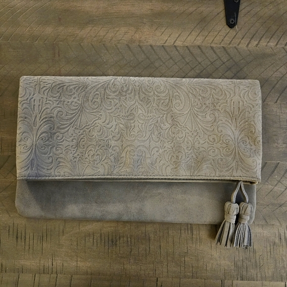 ION Color Brilliance Gray Suede-like Embossed Foldover Clutch Purse Bag - Picture 2 of 11